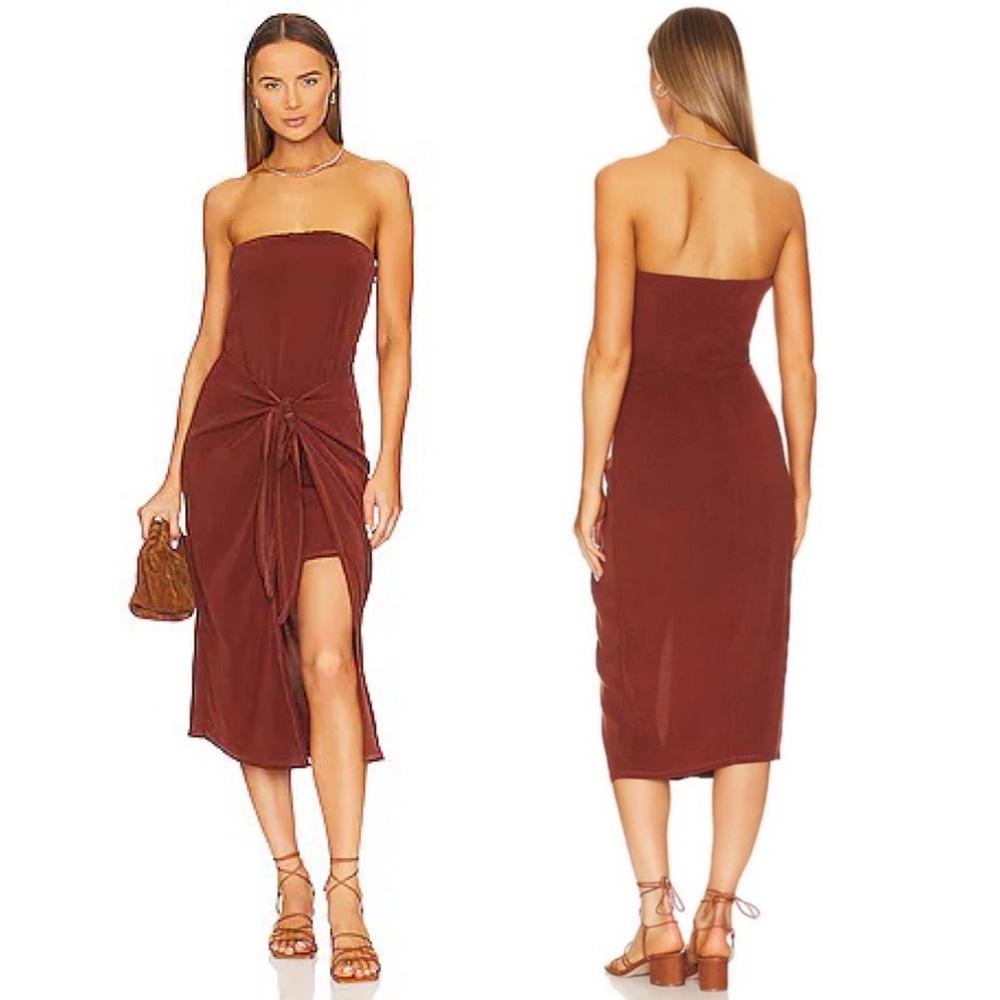 ANEMOS Strapless Wrap Front Midi Coverup Dress NWT XS in Tawny Brown